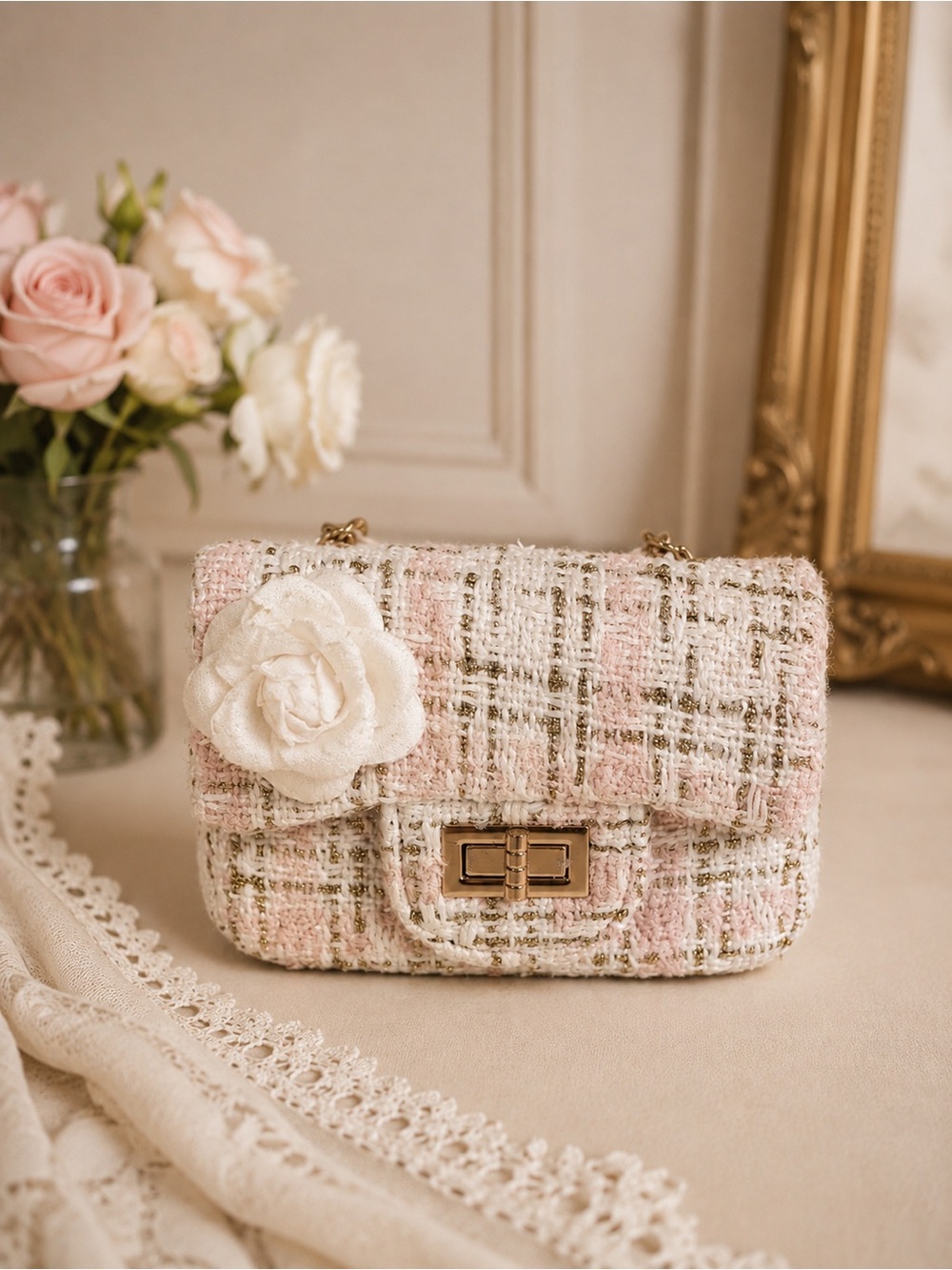 Pink Tweed Mini Crossbody Bag Gold Chain Camellia Flower Turn Lock Purse